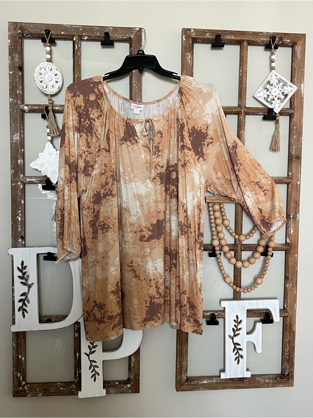 LuLaRoe Tan and Brown Tie-Neck Tunic Top